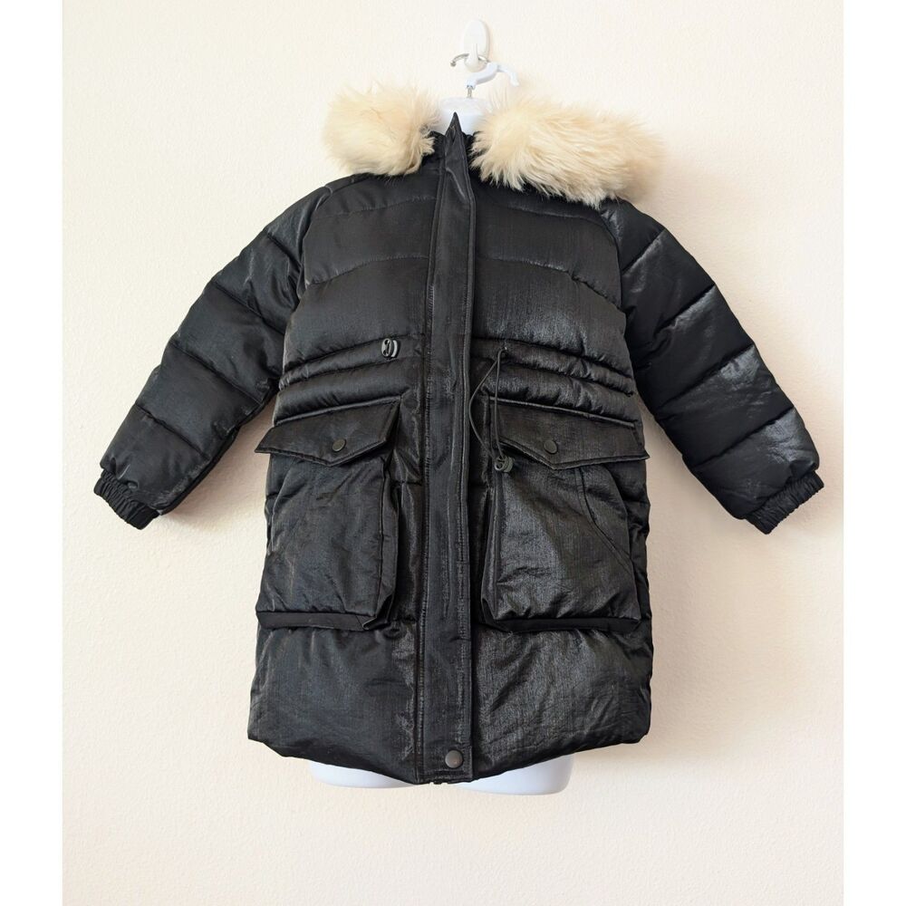 CiCiE 140/64 Kids Long Puffer Coat Faux Fur Hood Shiny Winter Parka